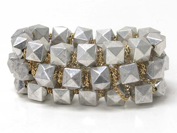 Metal convex cube and chain link strethc bracelet