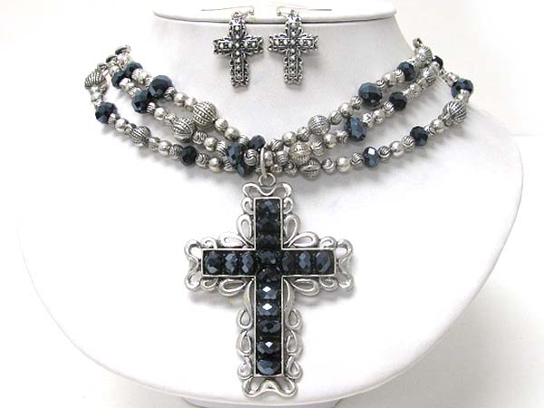 Facet glass stone and metal chain deco cross pendant necklace earring set