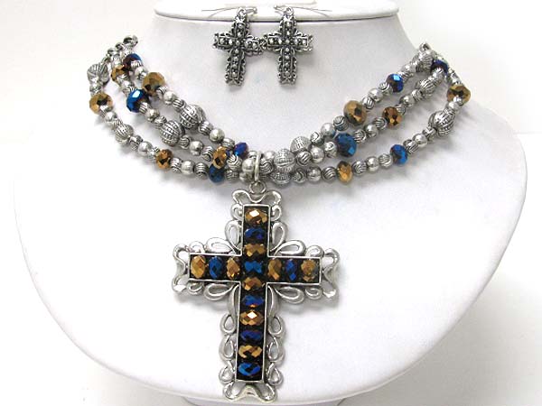 Facet glass stone and metal chain deco cross pendant necklace earring set