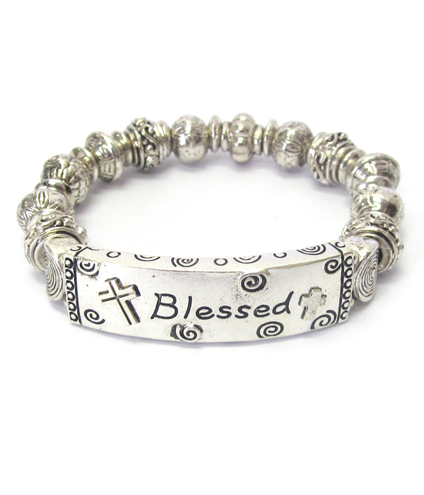 Religious inspiration multi metal ball link stretch bracelet - blessed