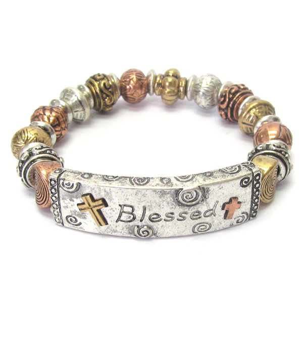 Religious inspiration multi metal ball link stretch bracelet - blessed