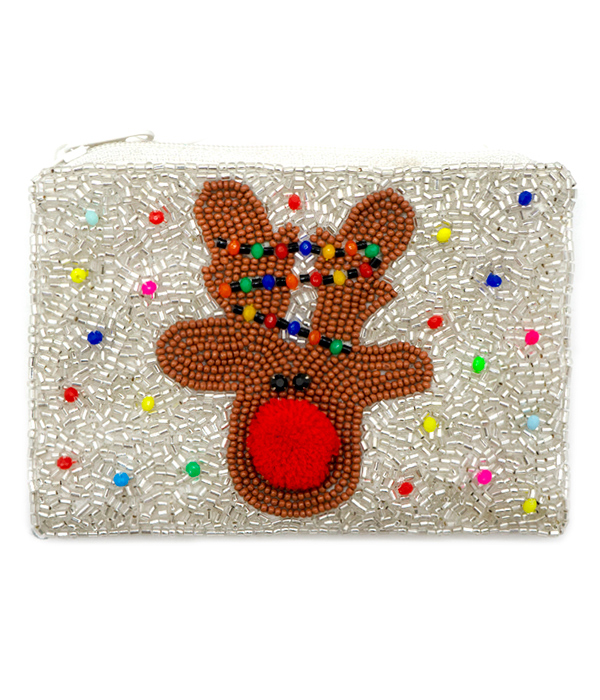 Christmas theme multi seedbead handmade wallet - reindeer