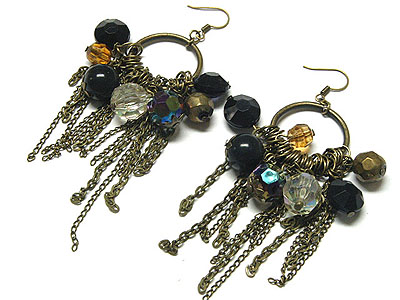 Burnish metal multi beads cluster and chain drop earring