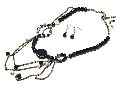 Multi beads and chain hanging drop necklace and earring set