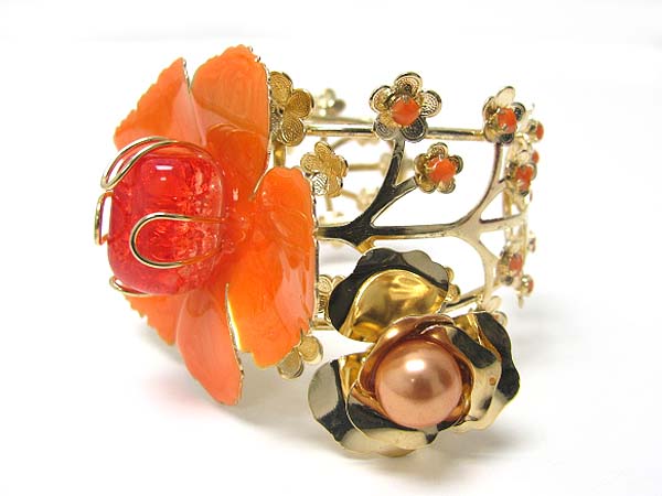 Crystal pearl ball and enamel metal multi flower deco bangle?