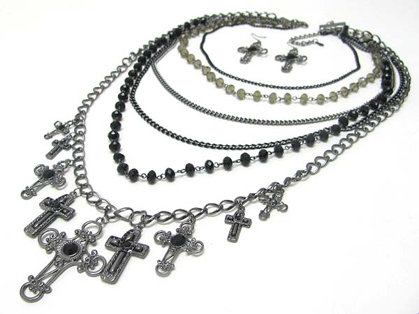 Crystal stud multi cross charm dangle multi row chain necklace earring set