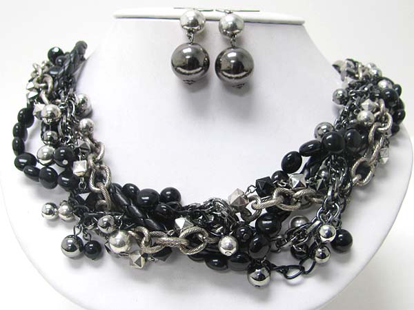 Multi metal ball and chain tangle necklace earring set