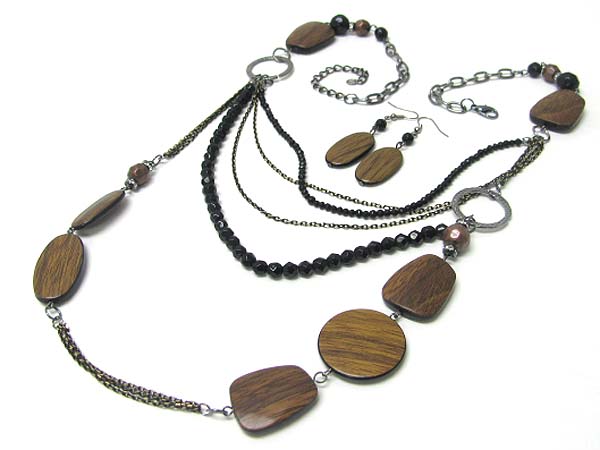 Wood disk and multi chain link long necklace earring set