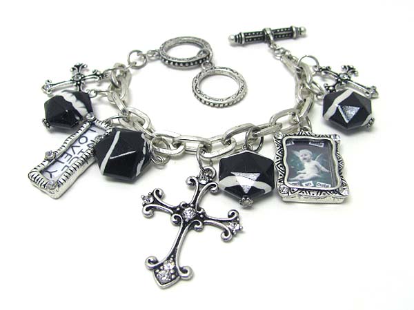 Crystal stud cross and picture frame charm dangle bracelet