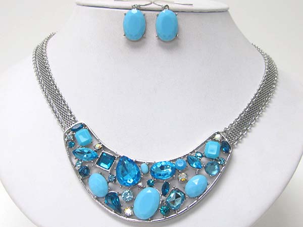 Crystal and acryl beads deco metal arc link necklace earring set