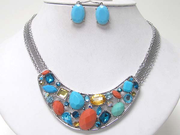 Crystal and acryl beads deco metal arc link necklace earring set