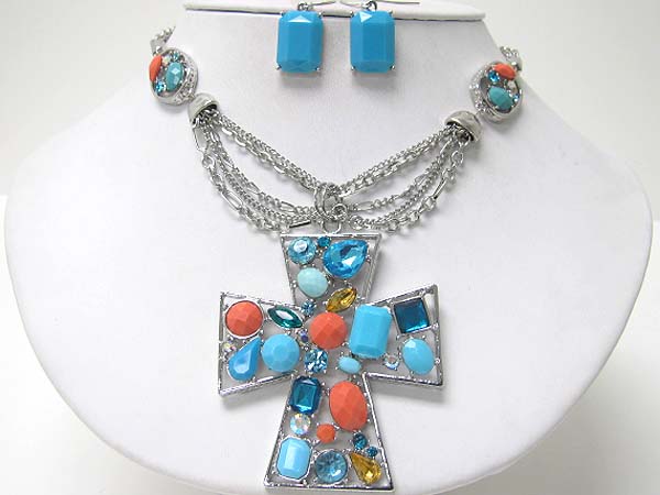 Crystal and acryl beads deco metal cross pendant necklace earring set