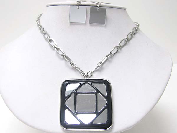 Mirror deco square pendant necklace earring set