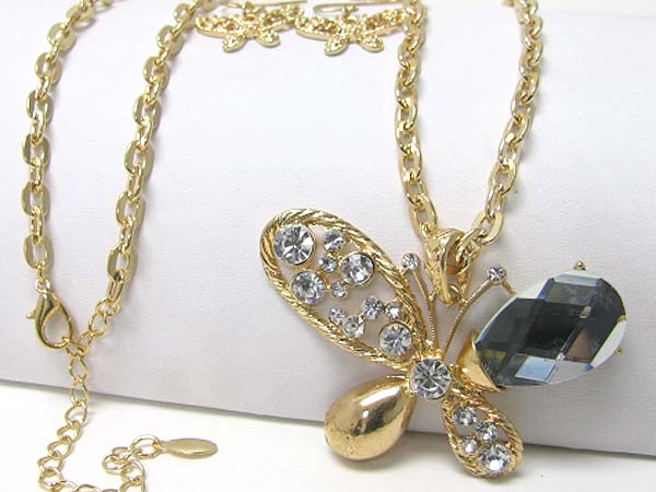 Crystal deco butterfly pendant long necklace earring set