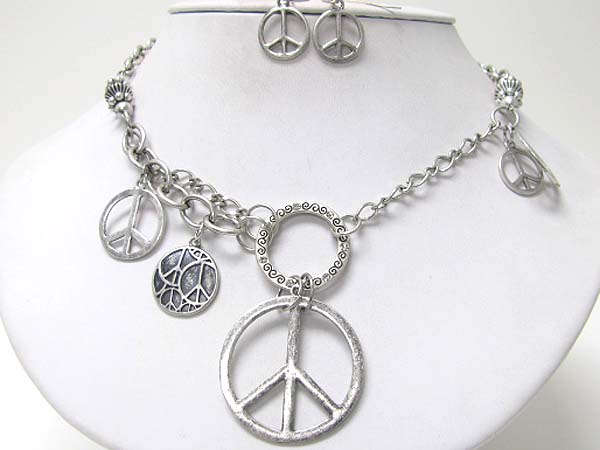 Burnish metal peace mark dangle neckalce earring set