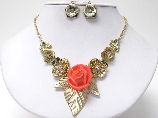 Crystal stud metal and acryl flower link necklace earring set