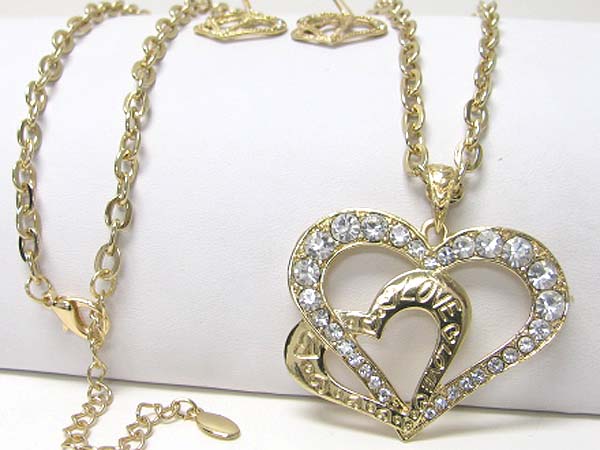 Crystal stud dual metal heart long necklace earring set