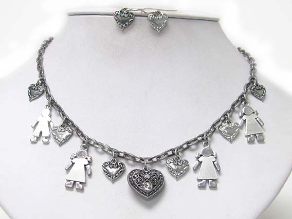 Heart and boy and girl charm dangle neckalce earring set