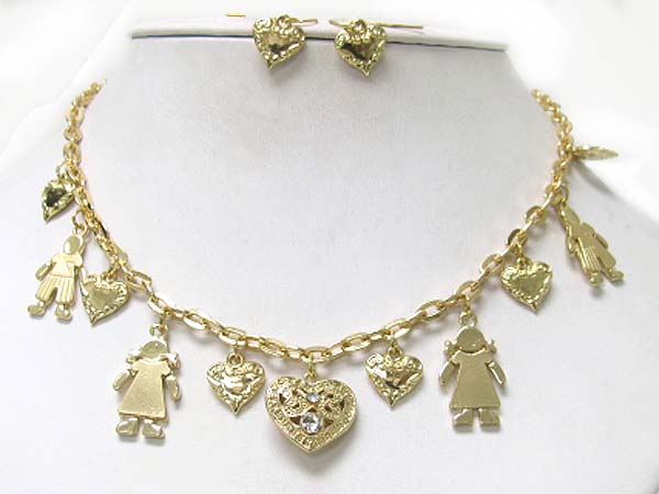 Heart and boy and girl charm dangle neckalce earring set