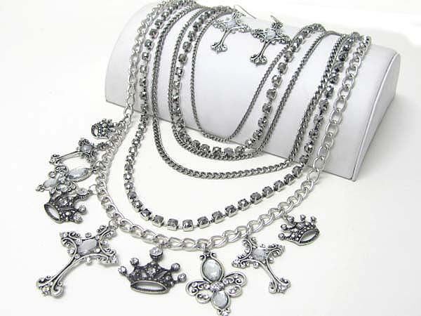 Crystal stud mixed charm dangle multi chain and rhinestone neckalce earring set