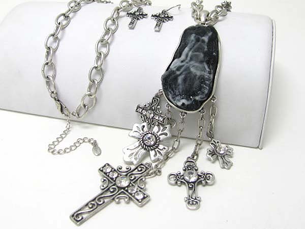 Crystal stud multi cross charm dangle natural look stone necklace earrign set