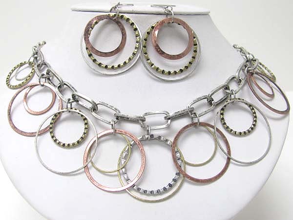 Multi mixed metal hoop dangle neckalce earring set - hoops