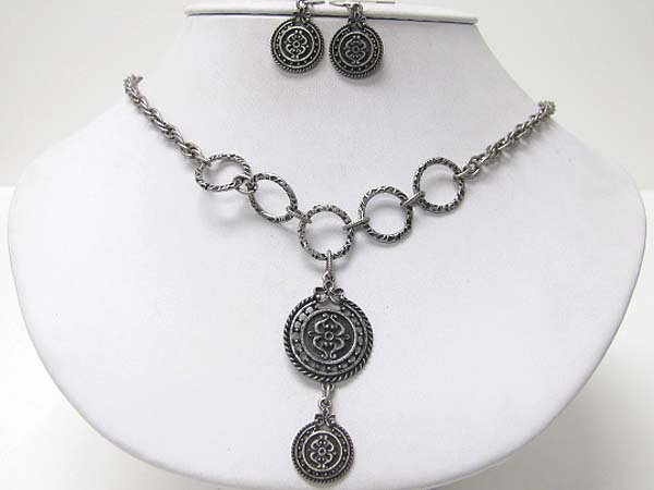 Antique metal double round disk drop neckalce earring set