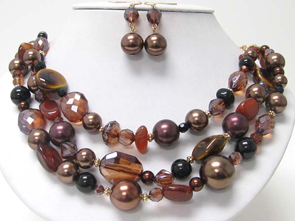 Triple layer natural chip and ceramic stoen and metal ball necklace earring set