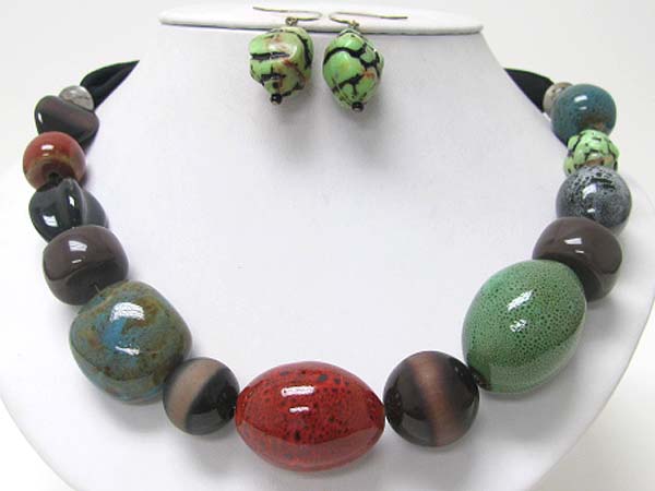 Chunky ceramic stones link necklace earring set