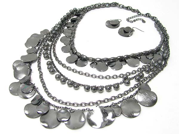 Multi metal disk dangle multi row chain necklace earring set