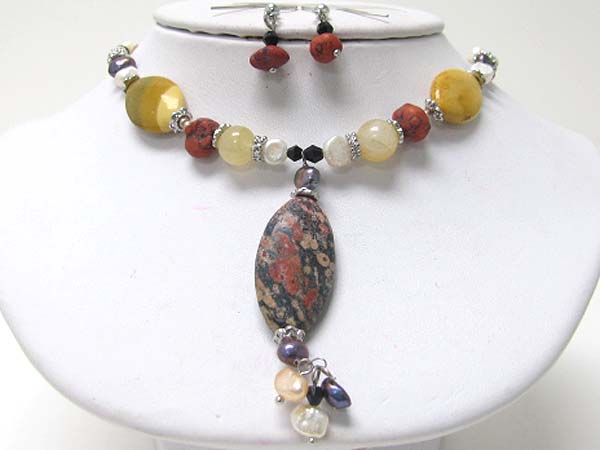 Mixed semi precious stone link necklace earring set