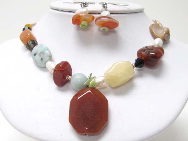 Mixed semi precious stone link necklace earring set