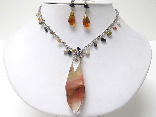 Long semi precious stone pendant and small stone dangle necklace earring set