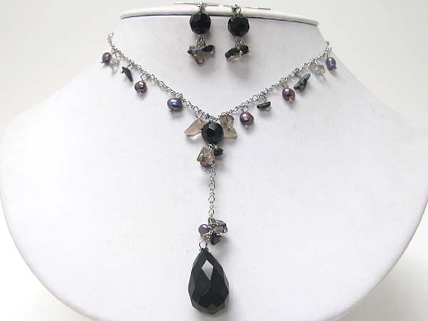 Genuine stone and facet glass stone dangle y drop neckalce earring set