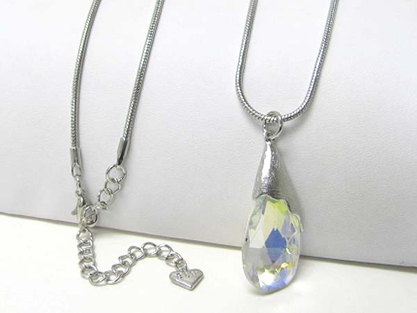 Glass stone and scratch metal pendant long necklace