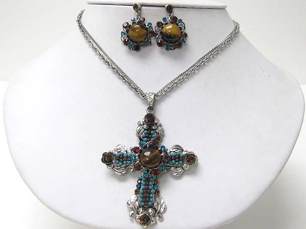 Crystal natural stone and beads deco cross pendant necklace earring set