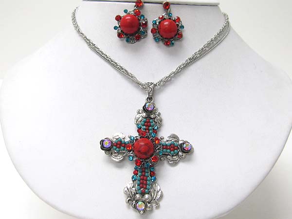 Crystal natural stone and beads deco cross pendant necklace earring set