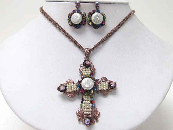 Crystal natural stone and beads deco cross pendant necklace earring set