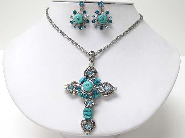 Crystal natural stone and beads deco cross pendant necklace earring set