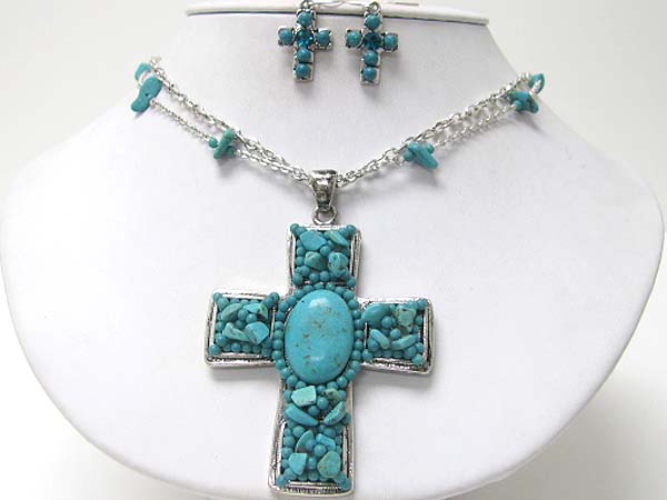 Natural chip stone deco cross pendant necklace earring set