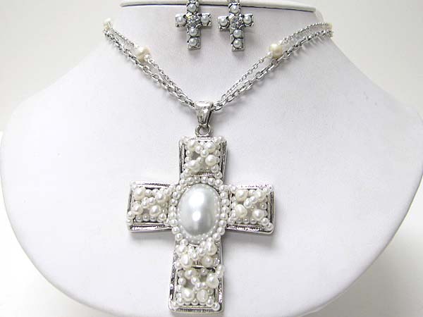 Natural chip stone deco cross pendant necklace earring set