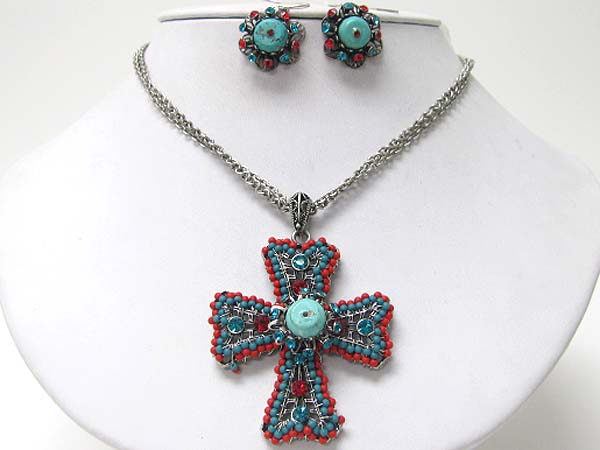 Crystal and seed beads deco cross pendant necklace earring set