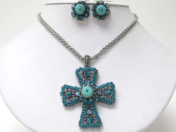 Crystal and seed beads deco cross pendant necklace earring set