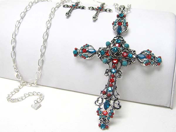 Crystal and seed beads deco cross pendant necklace earring set