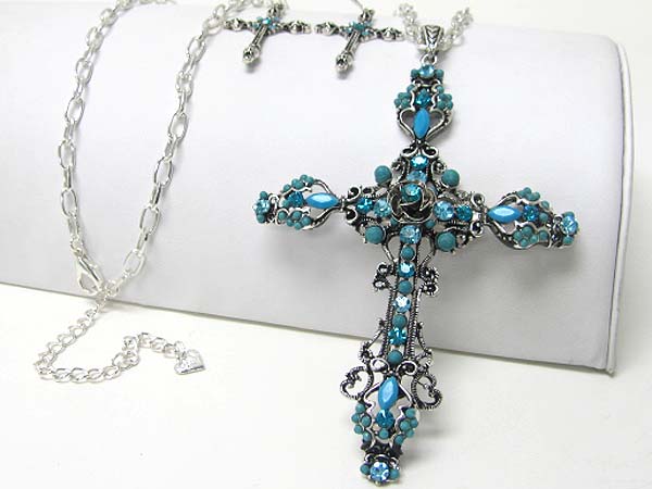 Crystal and seed beads deco cross pendant necklace earring set