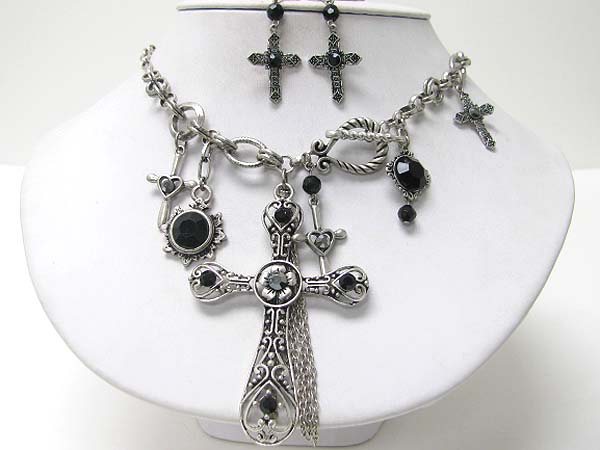 Crystal stud multi cross charm dangle neckalce earring set