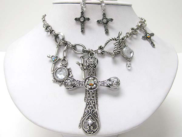 Crystal stud multi cross charm dangle neckalce earring set