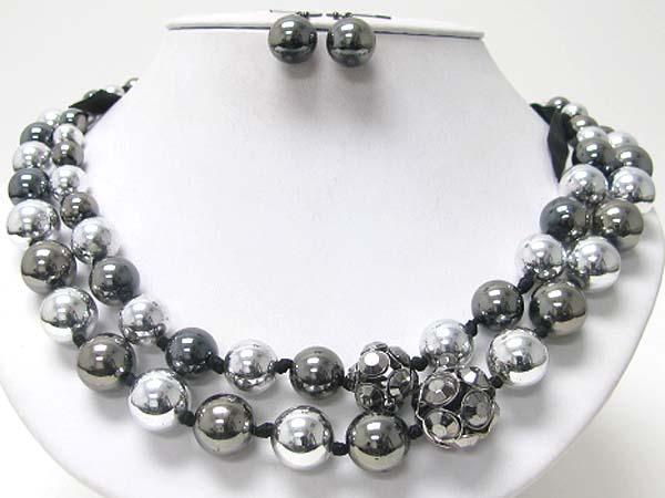 Crystal ball and pearl and metal ball chain necklace earring set