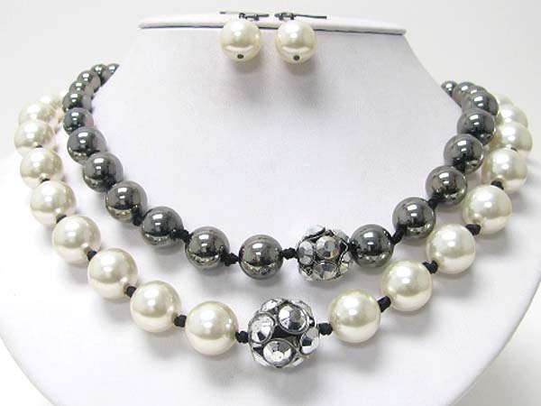 Crystal ball and pearl and metal ball chain necklace earring set