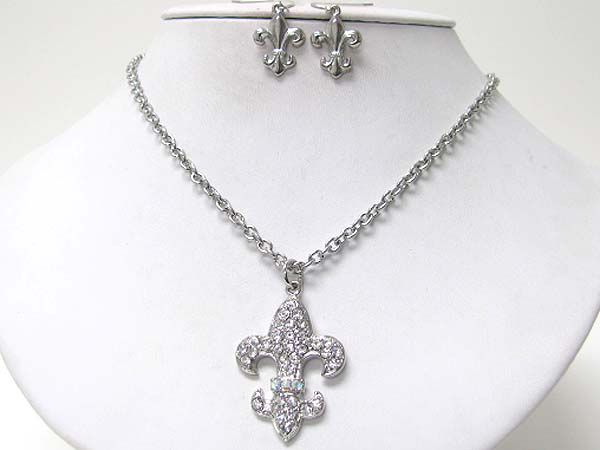 Crystal stud fleur de lis charm pendant necklace earring set